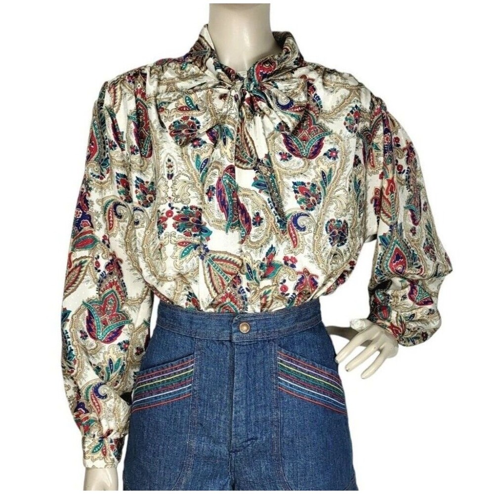 Vintage Satin Paisley Neck Bow Puffed Balloon Sleeve Button-Down Blouse M/L